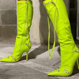 Women Pointy Toe Knee High Heel Boot with Tassel Zipper Bexie-3 Lime 11