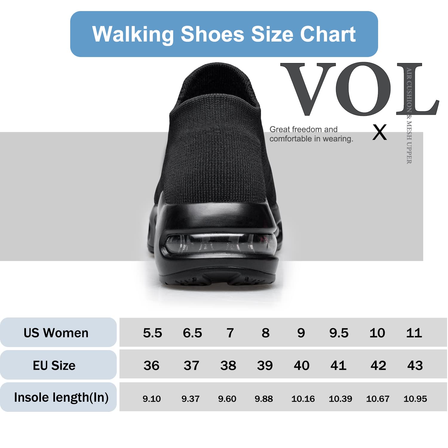 Womens Walking Shoes Sock Casual Ladies Fashion Sneakers Slip On Air Cushion Platform Workout Zapatos para Mujer All Black 9.5