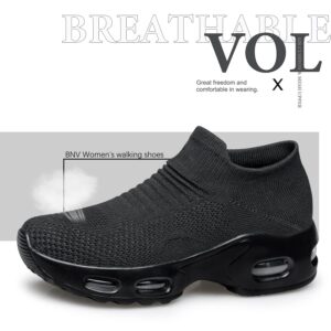 Womens Walking Shoes Sock Casual Ladies Fashion Sneakers Slip On Air Cushion Platform Workout Zapatos para Mujer All Black 9.5