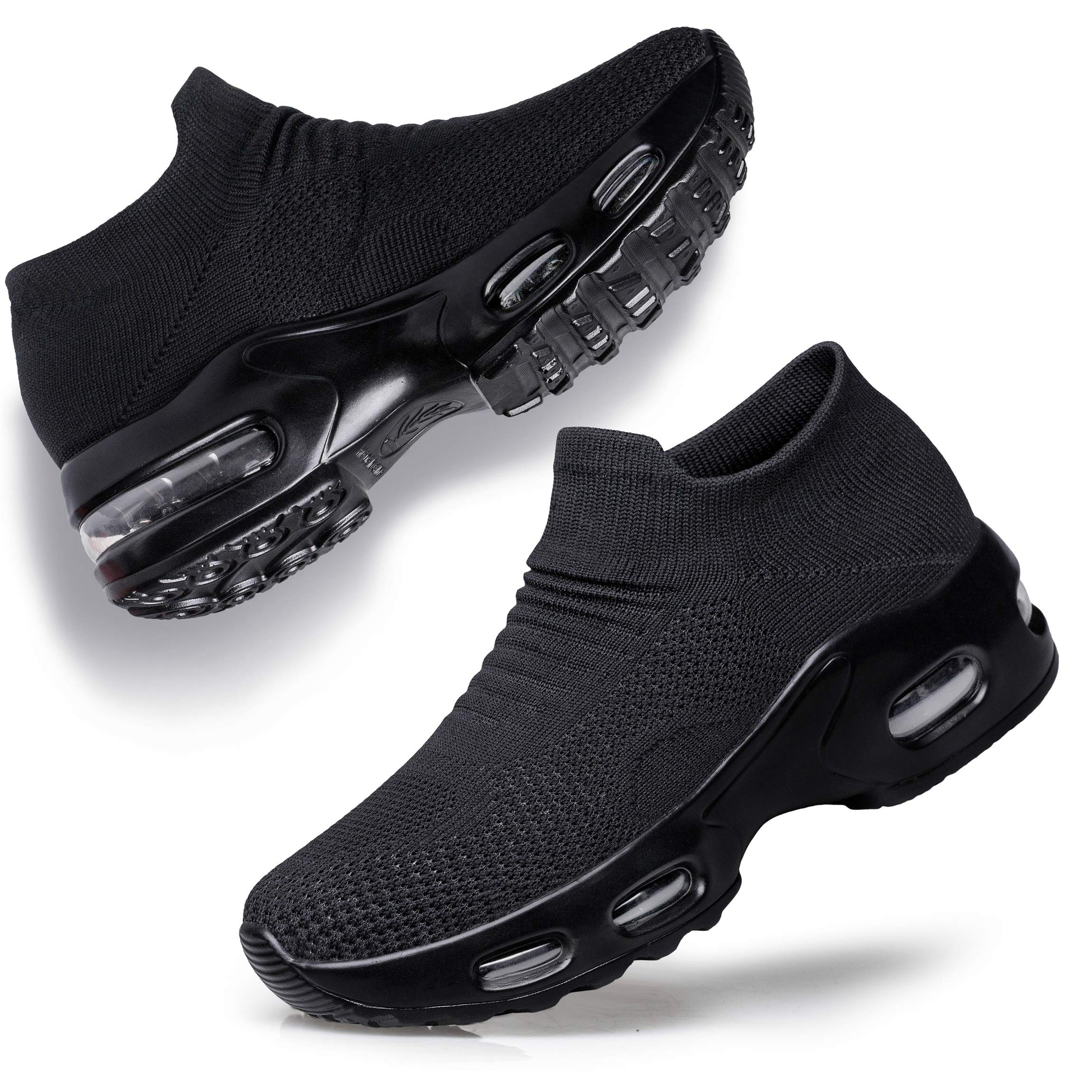 Womens Walking Shoes Sock Casual Ladies Fashion Sneakers Slip On Air Cushion Platform Workout Zapatos para Mujer All Black 9.5