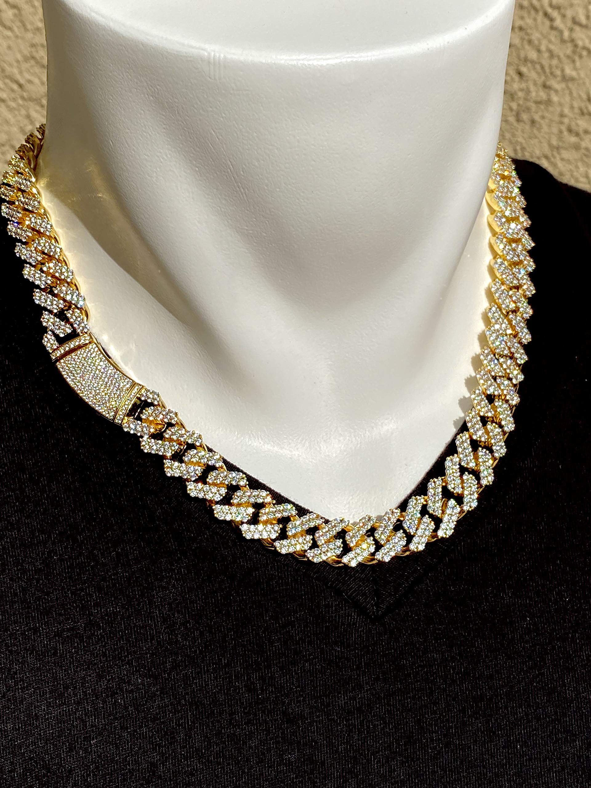 Mens 14k Gold Finish 12mm Miami Cuban Link Chain Choker Necklace Iced Round Set Cuban Chain for Men, Miami Cuban Link Chain Choker Necklace Real Solid Cuban Choker, Cuban necklace 20 Inches