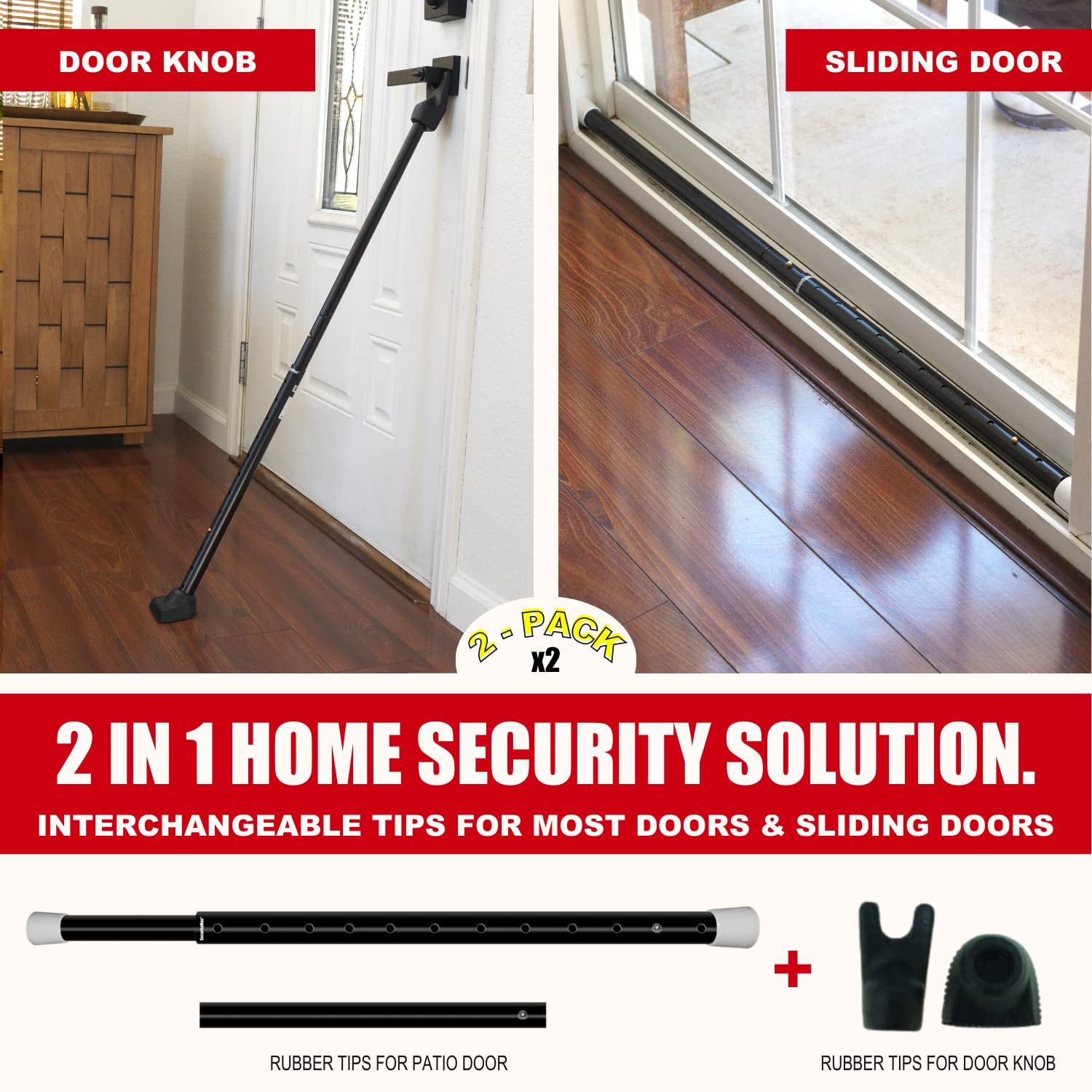 SECURITYMAN 2-in-1 Door Security Bar & Sliding Patio Door Security Bar (2 Pack) via Interchangeable Caps - Heavy Duty Iron Construction Door Stoppers for Home, Apartment, Travel Hotel - Black