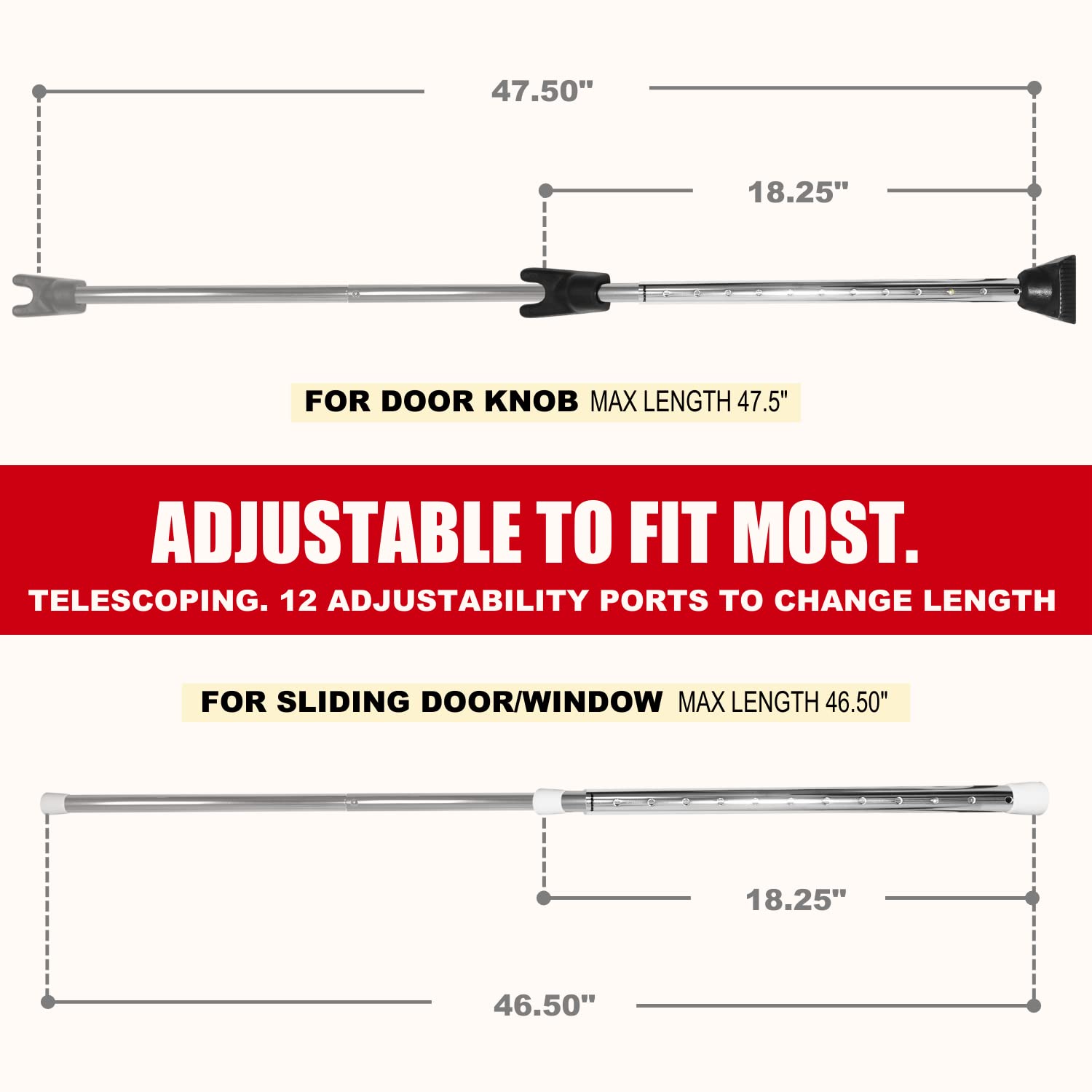 Door Security Bar, SECURITYMAN 2 in 1 Adjustable Door Stoppers Security Bar & Sliding Door Security Bar - Heavy Duty Door Lock Stick Jammer for Apartment, Dorm, Front Door Inside