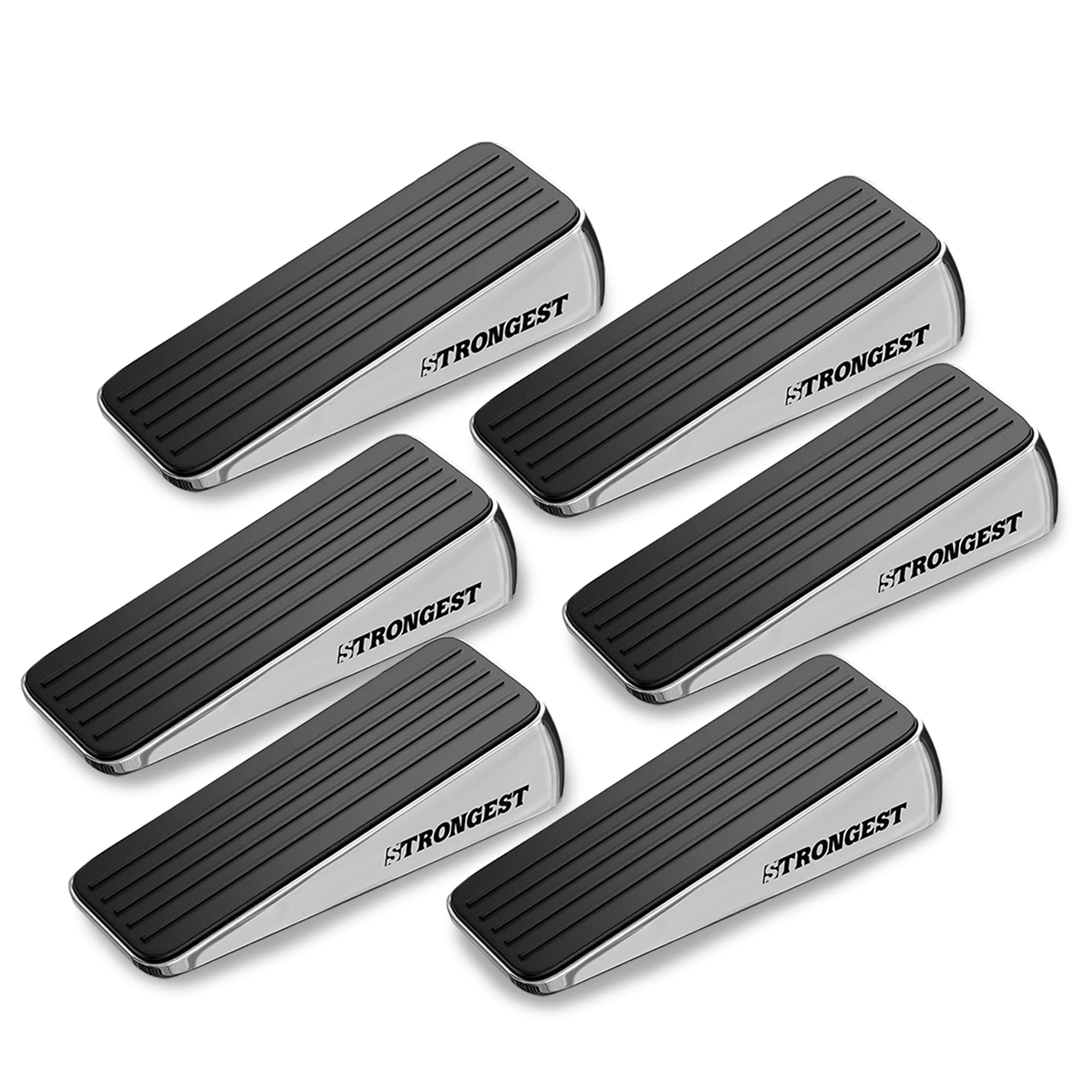 Strongest Door Stopper, Heavy Duty Door Stop Wedge Made of Premium Quality Zinc and Rubber Suits Any Door,Any Floor. Set of 2 Plus Bonus Self Adhesive Wall Protectors (Black Silver, 6 Pack)