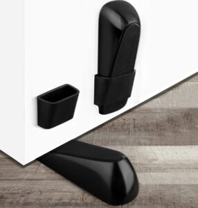 amedoo door stoppers (2 pack) heavy duty door stop wedge made of premium quality zinc alloy and rubber, comes with 2pcs adhesive storage holder. (black, 2 pack)