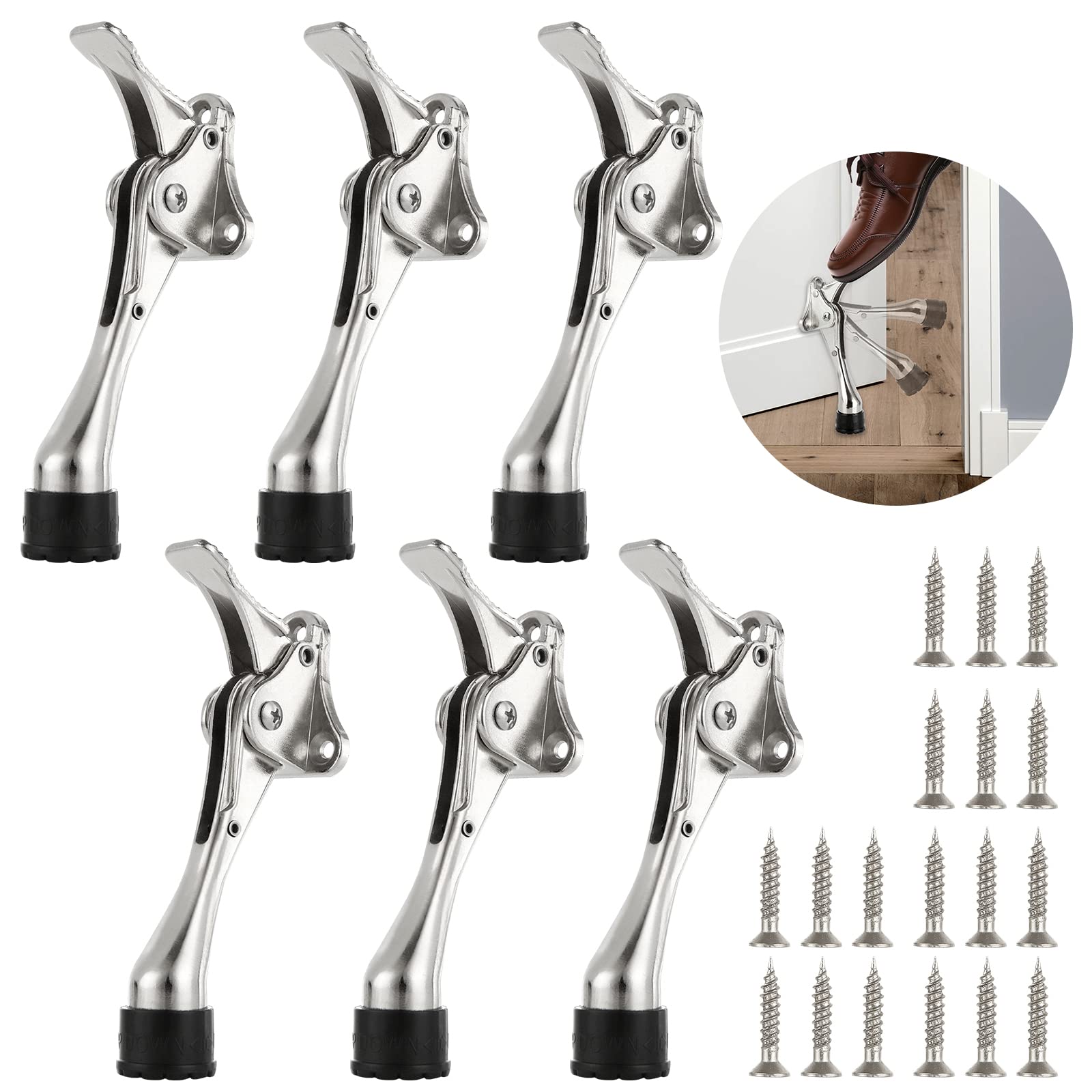 FVIEXE 6 Packs Door Stoppers, Metal Doorstop Door Holder Kick Stopper Commercial Kickdown Door Stops, Door Stop for Bottom of Door with One Touch and Rubber Tip Kickstand Replacements