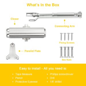 Door Closer - Adjustable Automatic and noiseless Door Closer, Suitable for Residential and Commercial Doors - Easy to Install, Screw Fittings, Instructions and Video provided.