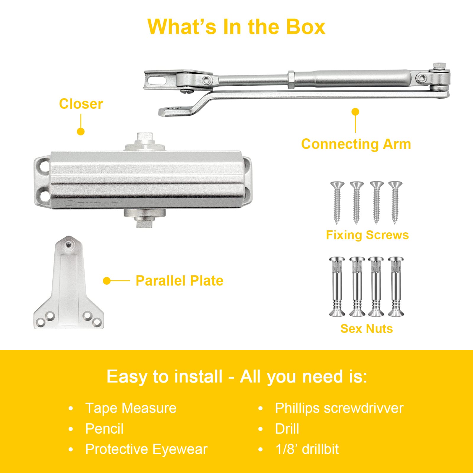 Door Closer - Adjustable Automatic and noiseless Door Closer, Suitable for Residential and Commercial Doors - Easy to Install, Screw Fittings, Instructions and Video provided.