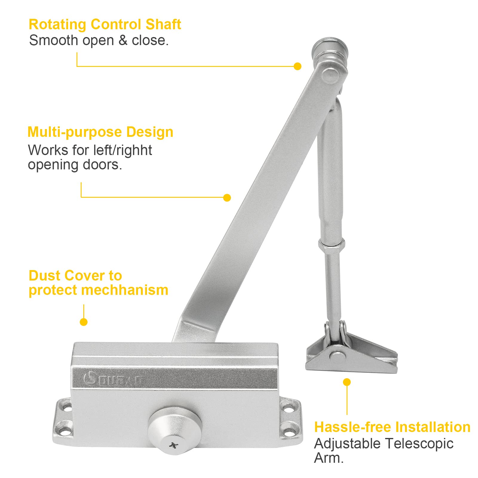 Door Closer - Adjustable Automatic and noiseless Door Closer, Suitable for Residential and Commercial Doors - Easy to Install, Screw Fittings, Instructions and Video provided.