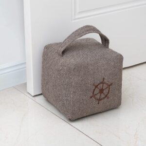 Marwood Fabric Door Stopper Decorative Door Stops for Home and Office, 4.4 pounds Weighted Interior Doorstop Heavy Duty Soft Door Stopper with Handle and Nautical Rudder Design - 6”x6" Brown