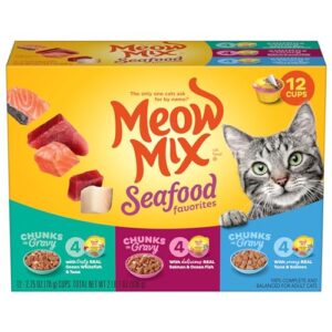 meow mix seafood favorites chunks in gravy wet cat food variety pack, 2.75 ounce (pack of 12)