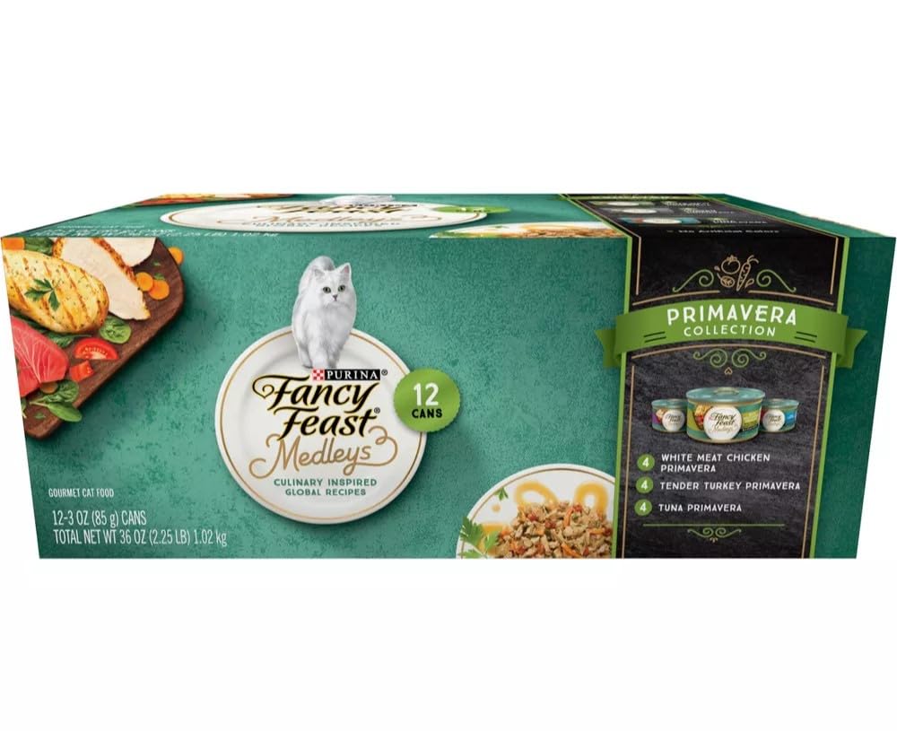 Fancy Feast Elegant Medleys Primavera Collection Cat Food Variety Pack 12-3 oz. Cans [Contains: 4 Each: Tender Turkey Primavera, Tuna Primavera, and White Meat Chicken Primavera]