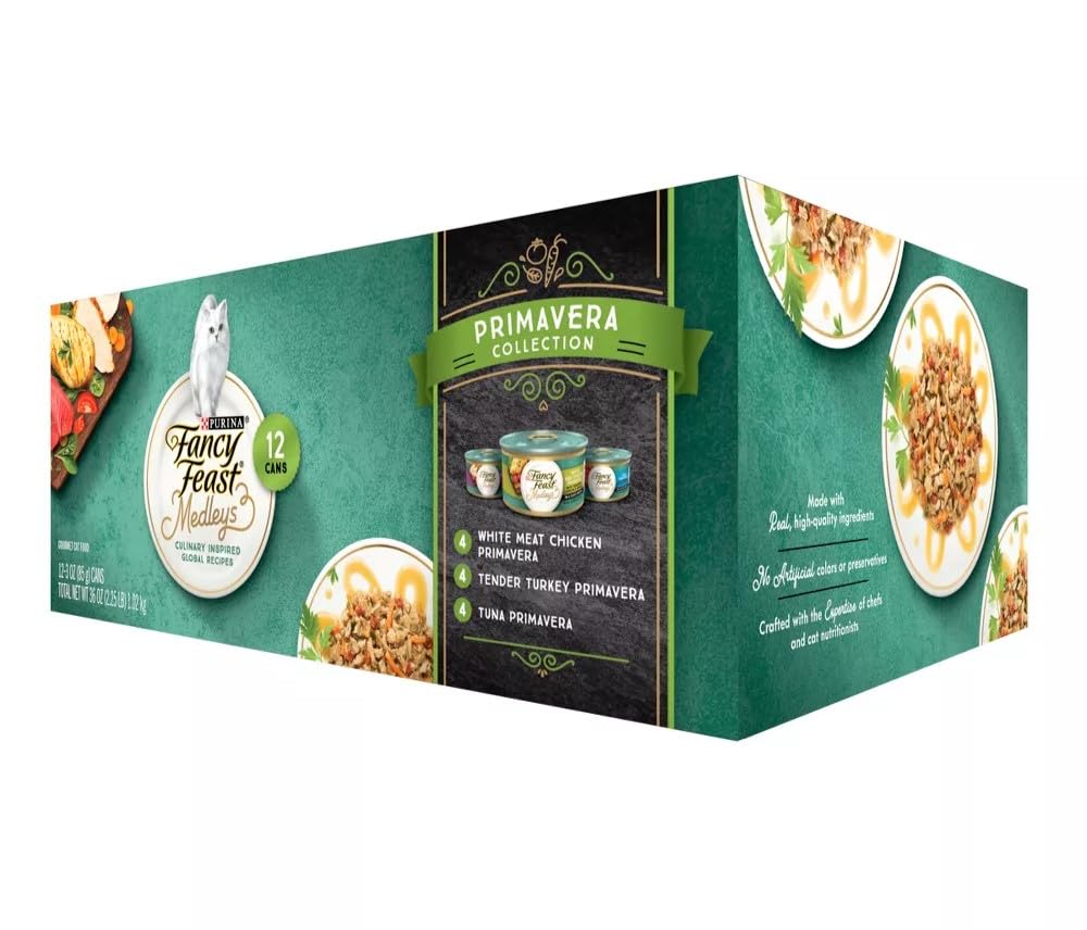 Fancy Feast Elegant Medleys Primavera Collection Cat Food Variety Pack 12-3 oz. Cans [Contains: 4 Each: Tender Turkey Primavera, Tuna Primavera, and White Meat Chicken Primavera]