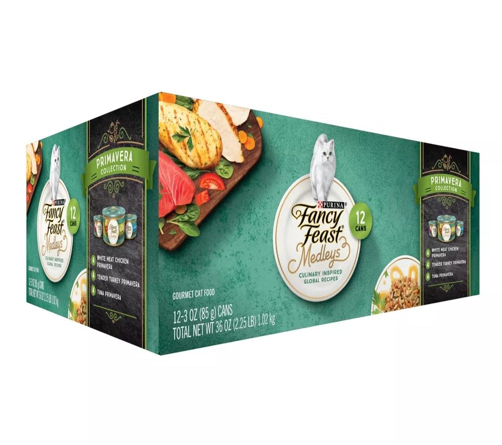 Fancy Feast Elegant Medleys Primavera Collection Cat Food Variety Pack 12-3 oz. Cans [Contains: 4 Each: Tender Turkey Primavera, Tuna Primavera, and White Meat Chicken Primavera]