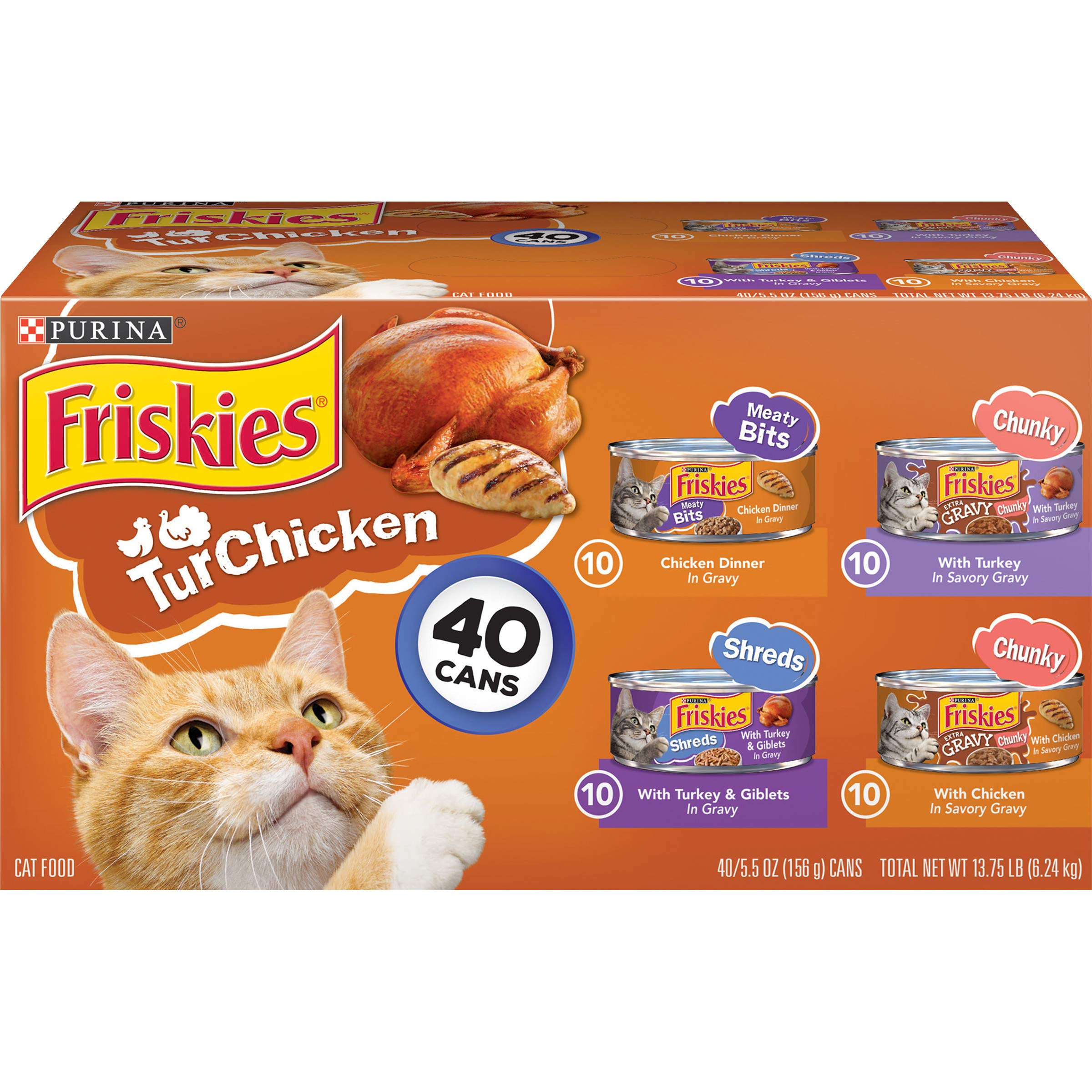 Purina Friskies Gravy Wet Cat Food Variety Pack, TurChicken Extra Gravy Chunky, Meaty Bits & Shreds - (Pack of 40) 5.5 oz. Cans