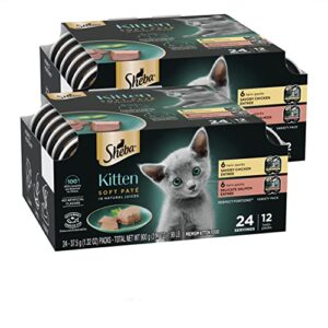 sheba perfect portions kitten paté wet cat food trays (24 count, 48 servings), savory chicken and delicate salmon entrée, easy peel twin-pack trays