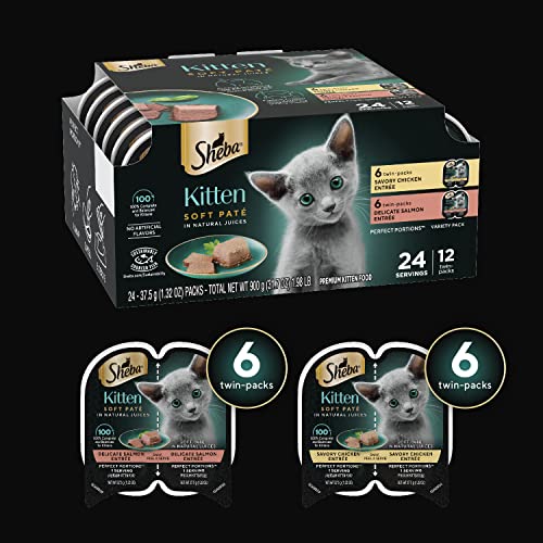 SHEBA Perfect Portions Kitten Paté Wet Cat Food Trays (24 Count, 48 Servings), Savory Chicken and Delicate Salmon Entrée, Easy Peel Twin-Pack Trays