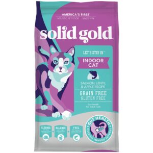 solid gold indoor dry cat food - let's stay in cat food dry kibble for indoor cats - hairball & sensitive stomach - grain & gluten free - probiotics & fiber for digestive health - salmon - 12lb