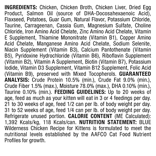 Blue Buffalo Wilderness High-Protein Grain-Free Wet Kitten Food, Chicken Paté Recipe, 3-oz. Cans, 6-Count