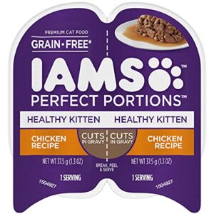 iams perfect portions healthy kitten grain free* wet cat food cuts in gravy, chicken recipe, (24) 2.6 oz. easy peel twin-pack trays