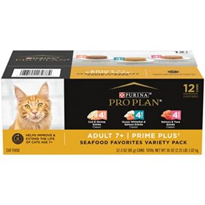 Purina Pro Plan Grain Free Senior Wet Cat Food Variety Pack Pate, SENIOR Seafood Favorites - (2 Packs of 12) 3 oz. Cans