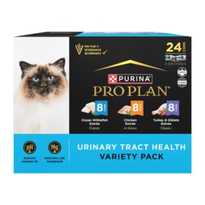 purina pro plan urinary cat food wet variety pack urinary tract health ocean whitefish, chicken, turkey and giblets - (pack of 24) 3 oz. cans