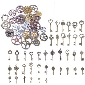 BronaGrand 125 Gram Antique Bronze Vintage Skeleton Keys Steampunk Gears Cogs Charms Pendant Clock Watch Wheel for Crafting, DIY Jewelry