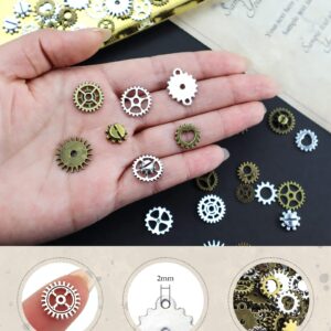 JIALEEY 130PCS Steampunk Gears Charms Bronze & Silver Assorted Antique Steampunk Gears Charms Pendant Clock Watch Wheel Gear DIY for Jewelry Making Crafting