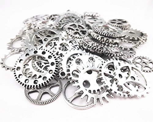 Yueton 100 Gram (Approx 70pcs) Antique Steampunk Gears Charms Clock Watch Wheel Gear for Crafting (Silver)