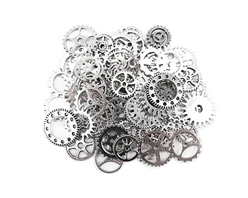 Yueton 100 Gram (Approx 70pcs) Antique Steampunk Gears Charms Clock Watch Wheel Gear for Crafting (Silver)