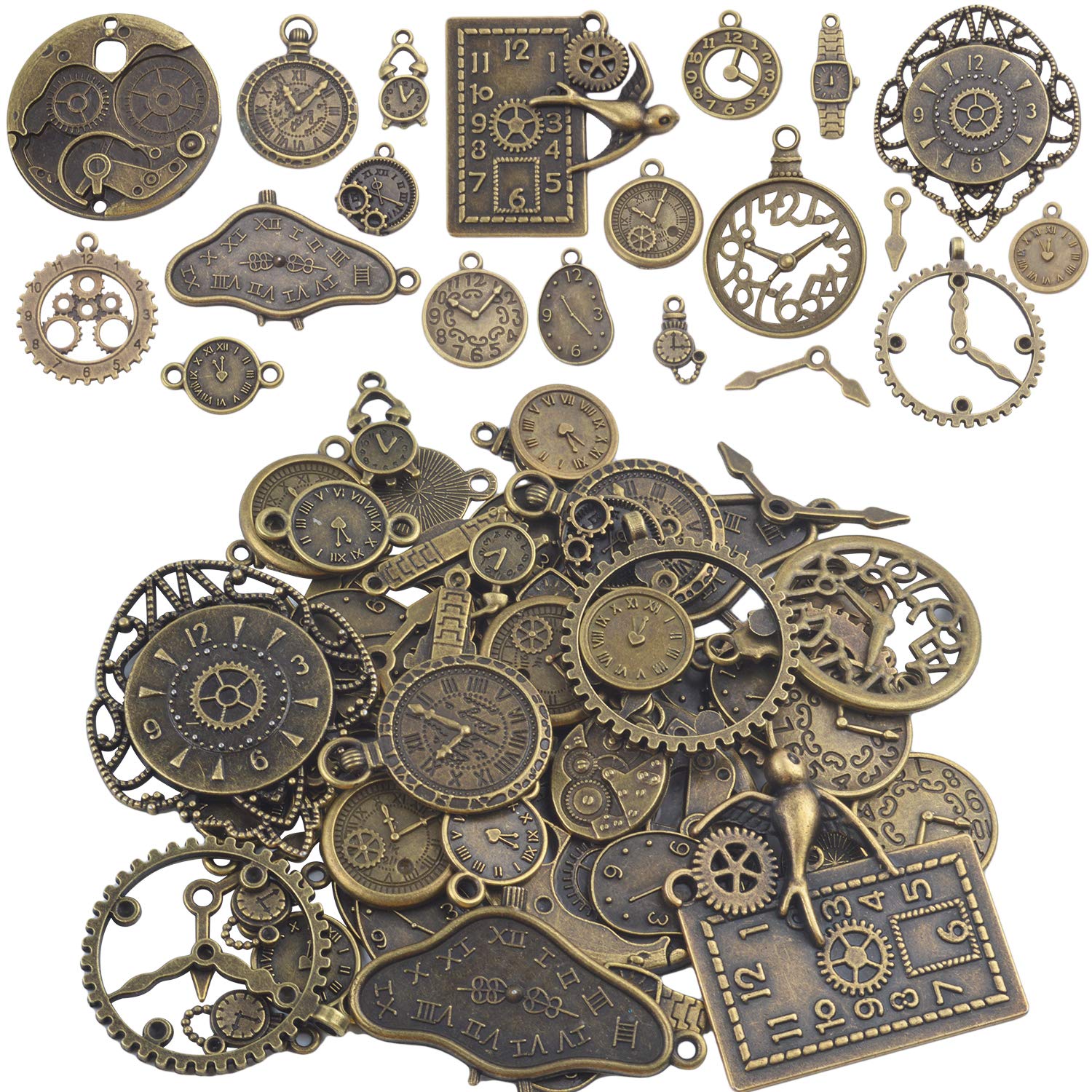 Clock Face Charm Pendant, 100 Gram Multi-style Antiqued Bronze Clocks and Watches Dial Face Movement Charms Gears Steampunk Pendant Craft Supplies for DIY Jewelry Making