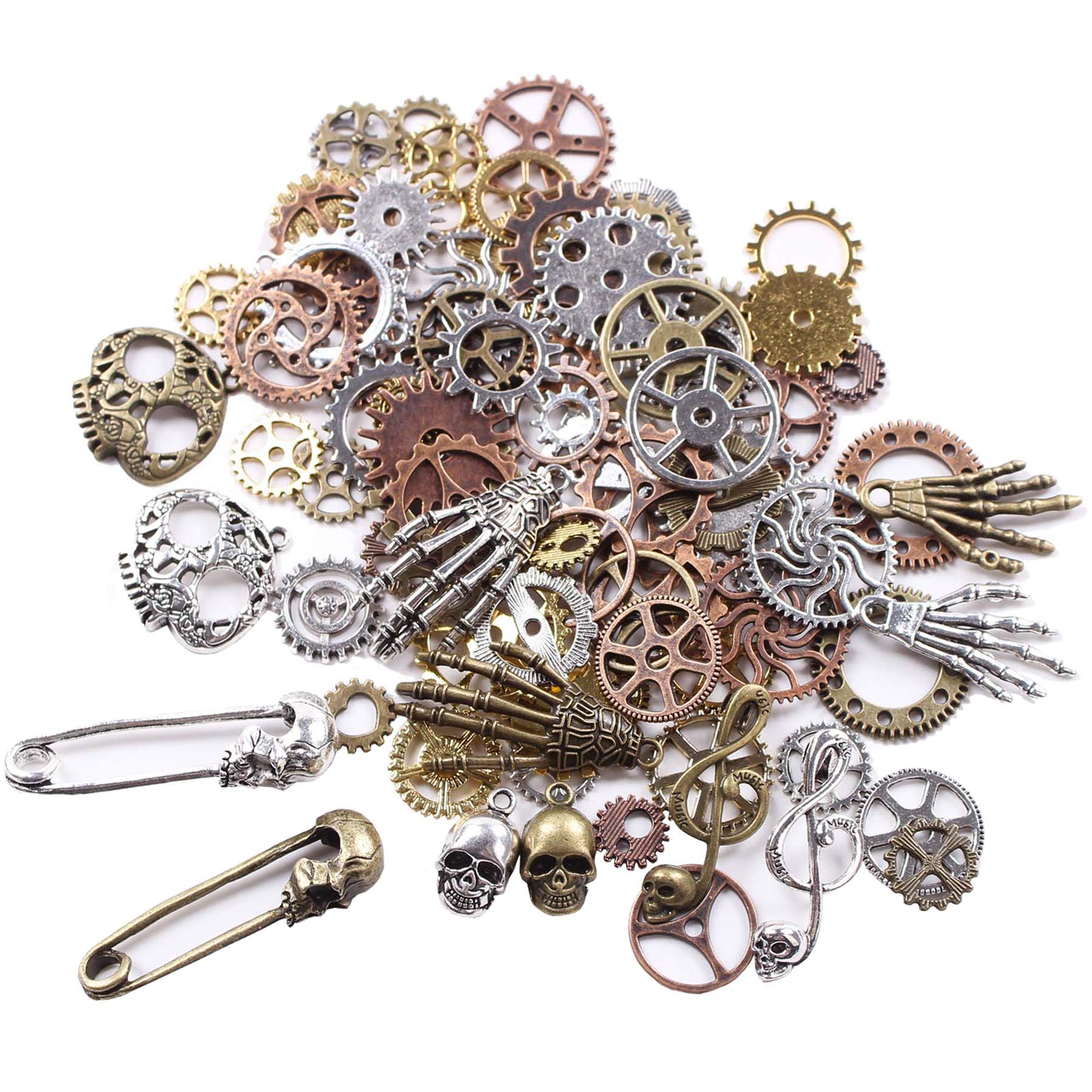 BIHRTC 140 Gram (Approx 92pcs) DIY Assorted Color Antique Metal Steampunk Watch Gear Cog Wheel Skull Musical Note Skull Hand Safety Pin Charms Pendant for Crafting, Jewelry Making Accessory