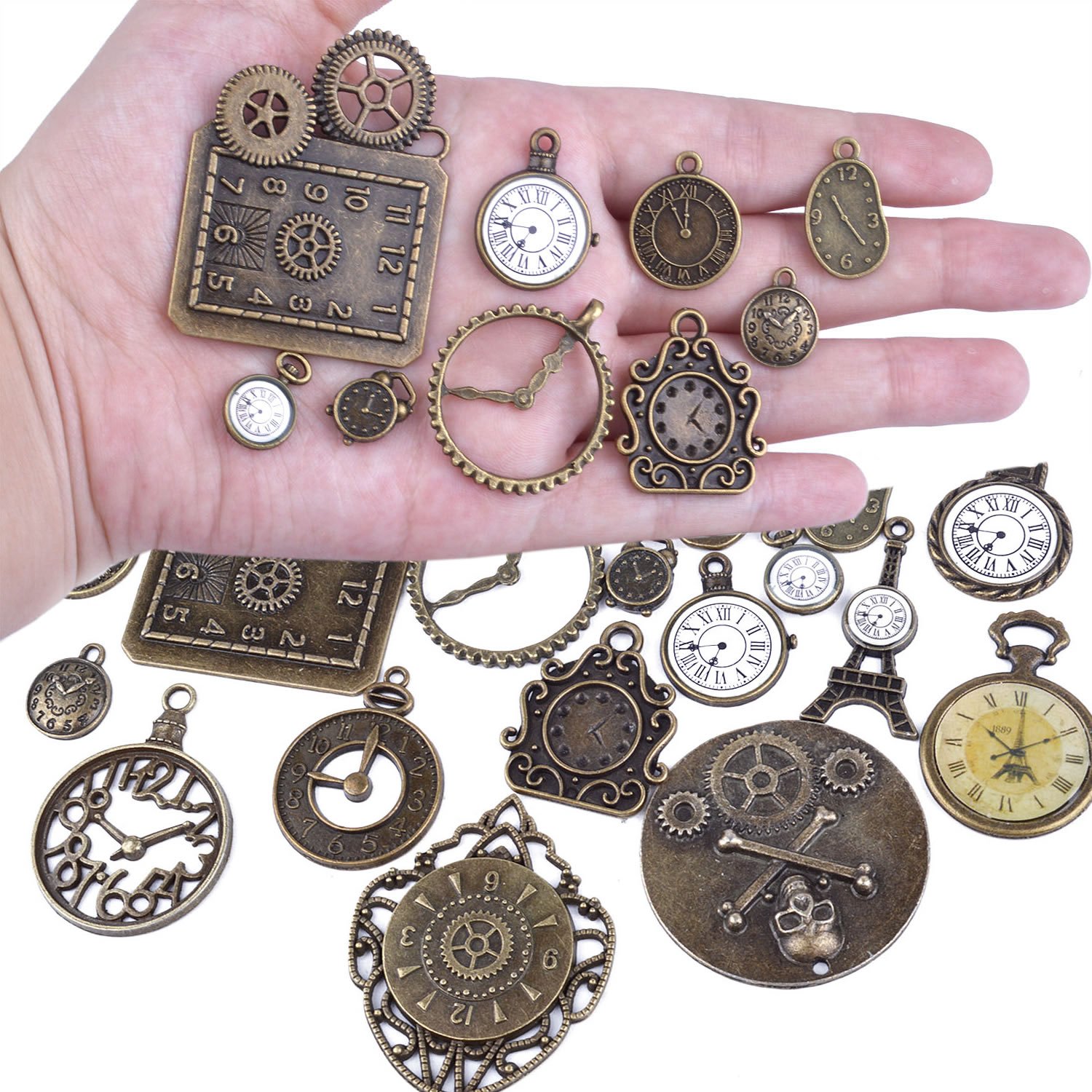 BronaGrand 20pcs Mixed Antiqued Bronze Charms Clock Face Charm Pendant, DIY Crafts, Gears, Jewelry Making, Steampunk Pendants