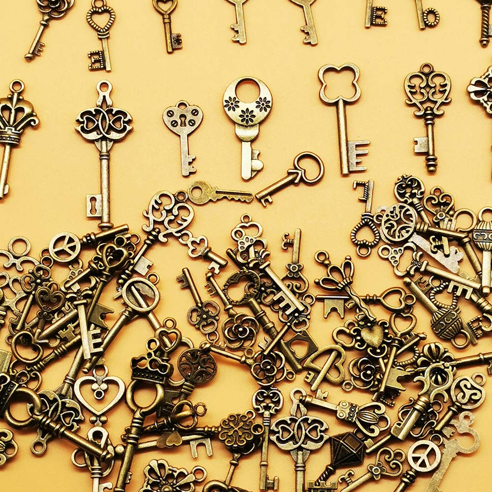 CHuangQi 125pcs/6oz Vintage Skeleton Keys Set, Steampunk Key Necklace, Antique Bronze Charms Pendants, DIY Handcrafts Jewelry Making, Wedding & Birthday Party Favors