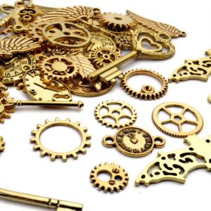 52pcs Antique Gold Steampunk Charms Watch Gear Cog Wheel Skeleton Key Charms Pendants for DIY Jewelry Making Crafting