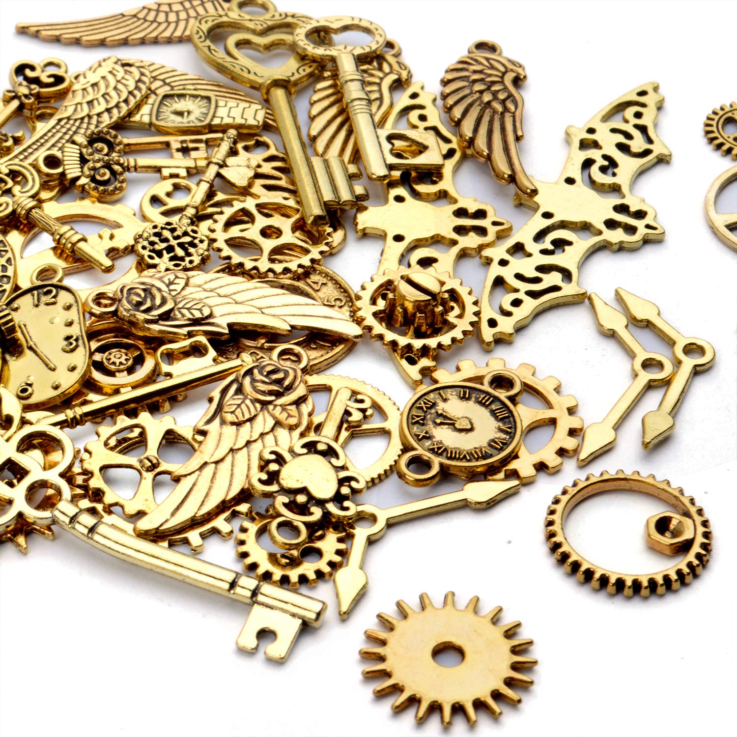 52pcs Antique Gold Steampunk Charms Watch Gear Cog Wheel Skeleton Key Charms Pendants for DIY Jewelry Making Crafting