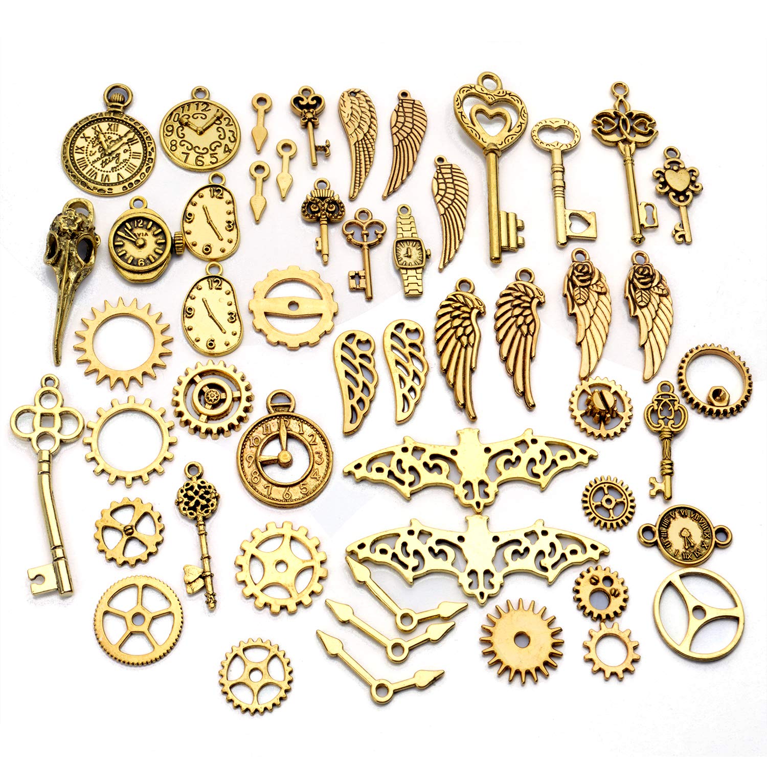 52pcs Antique Gold Steampunk Charms Watch Gear Cog Wheel Skeleton Key Charms Pendants for DIY Jewelry Making Crafting