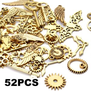 52pcs Antique Gold Steampunk Charms Watch Gear Cog Wheel Skeleton Key Charms Pendants for DIY Jewelry Making Crafting
