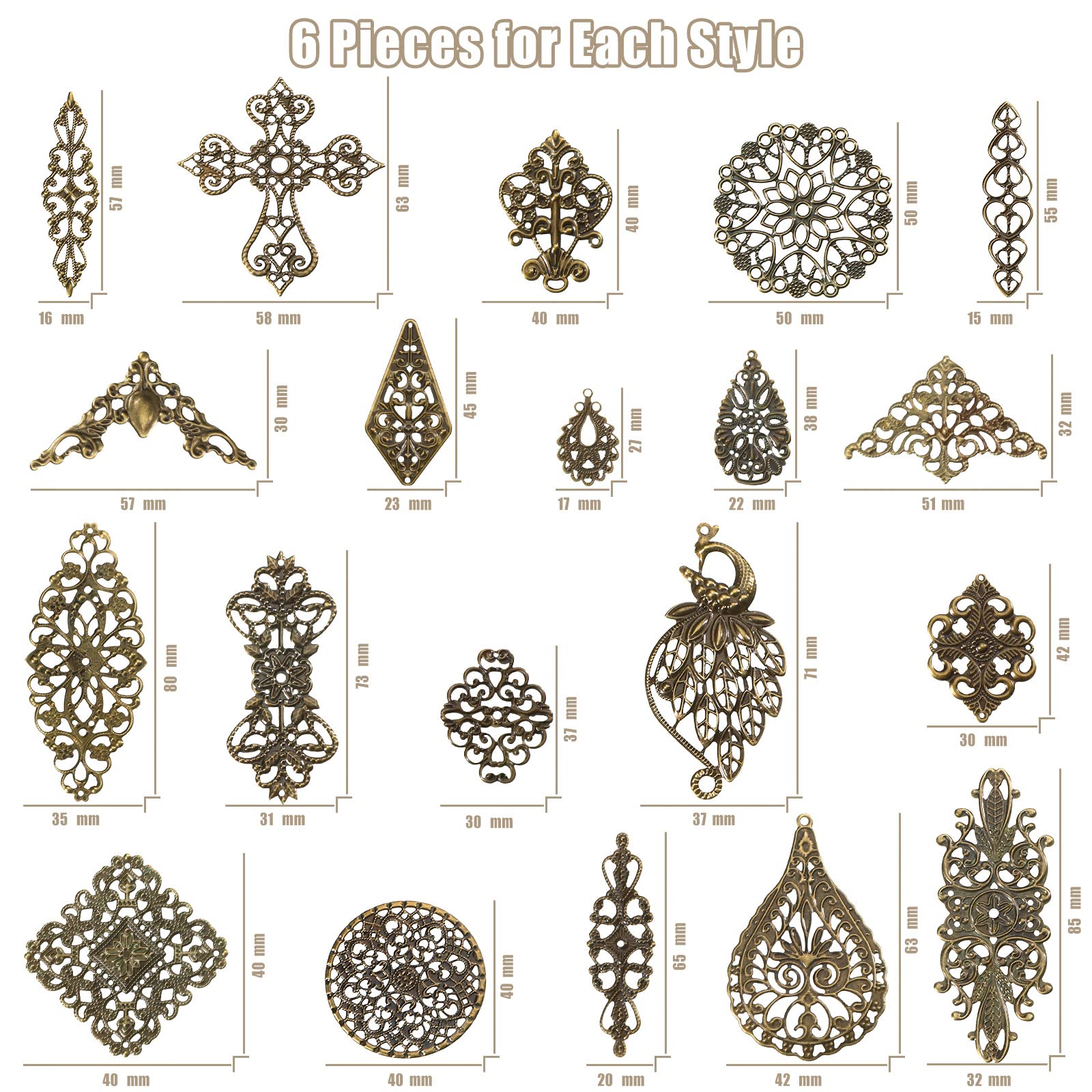 Luinabio 120 Pieces Filigree Connectors Charms Pendants Decoration Tibetan Metal Filigree Findings Embellishments for DIY Hairpin Necklace Earring Jewelry Making(Bronze,Fresh Style)