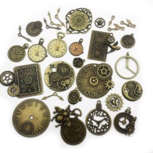 30pcs antique bronze mix skeleton steampunk clock face watch gear cog wheel pendant charms jewelry making diy steampunk gear pendant charms wholesale (m071)