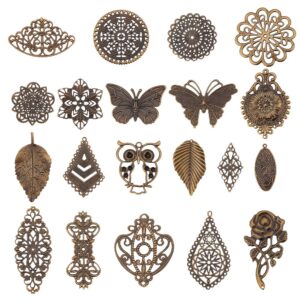 PH PandaHall 120pcs Filigree Metal Embellishments 19 Style Filigree Connectors Charms Antique Bronze Flower Animal Pendants for Steampunk Mixed Media Art Hairpin Headwear Necklace Jewelry Making