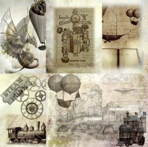 light steampunk mulberry rice paper, 8 x 10.5 inch - 6 x different printed mulberry paper images 30gsm visible fibres for decoupage crafts mixed media collage art