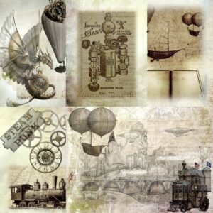 Light Steampunk Mulberry Rice Paper, 8 x 10.5 inch - 6 x Different Printed Mulberry Paper Images 30gsm Visible Fibres for Decoupage Crafts Mixed Media Collage Art