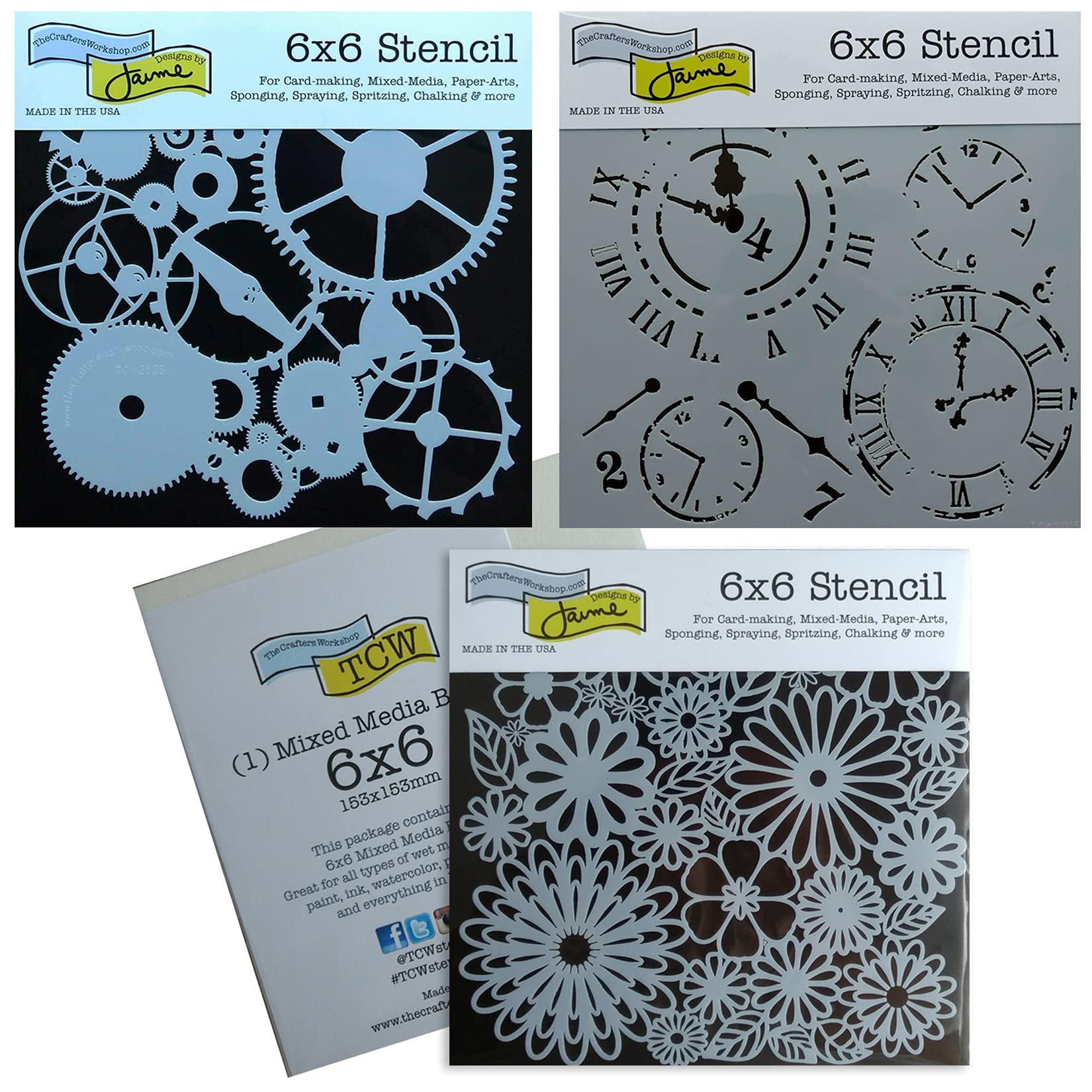 3 Crafters Workshop Mixed Media Stencils | Gears, Clock, Steampunk, Watch Face, Flower Designs | for Journaling, Scrapbooking, Card Making | 6 Inch x 6 Inch Templates Set with Board, Total 4 Items