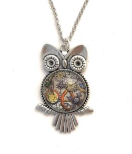 steampunk owl necklace for women - glass cabochon pendant - handmade