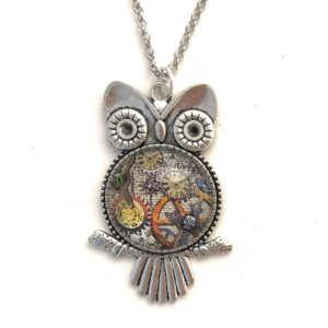 Steampunk Owl Necklace for Women - Glass Cabochon Pendant - Handmade