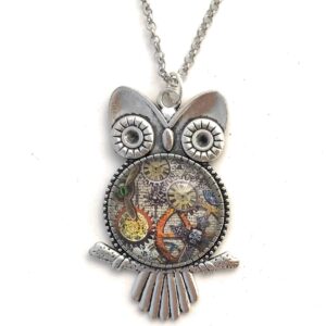 Steampunk Owl Necklace for Women - Glass Cabochon Pendant - Handmade