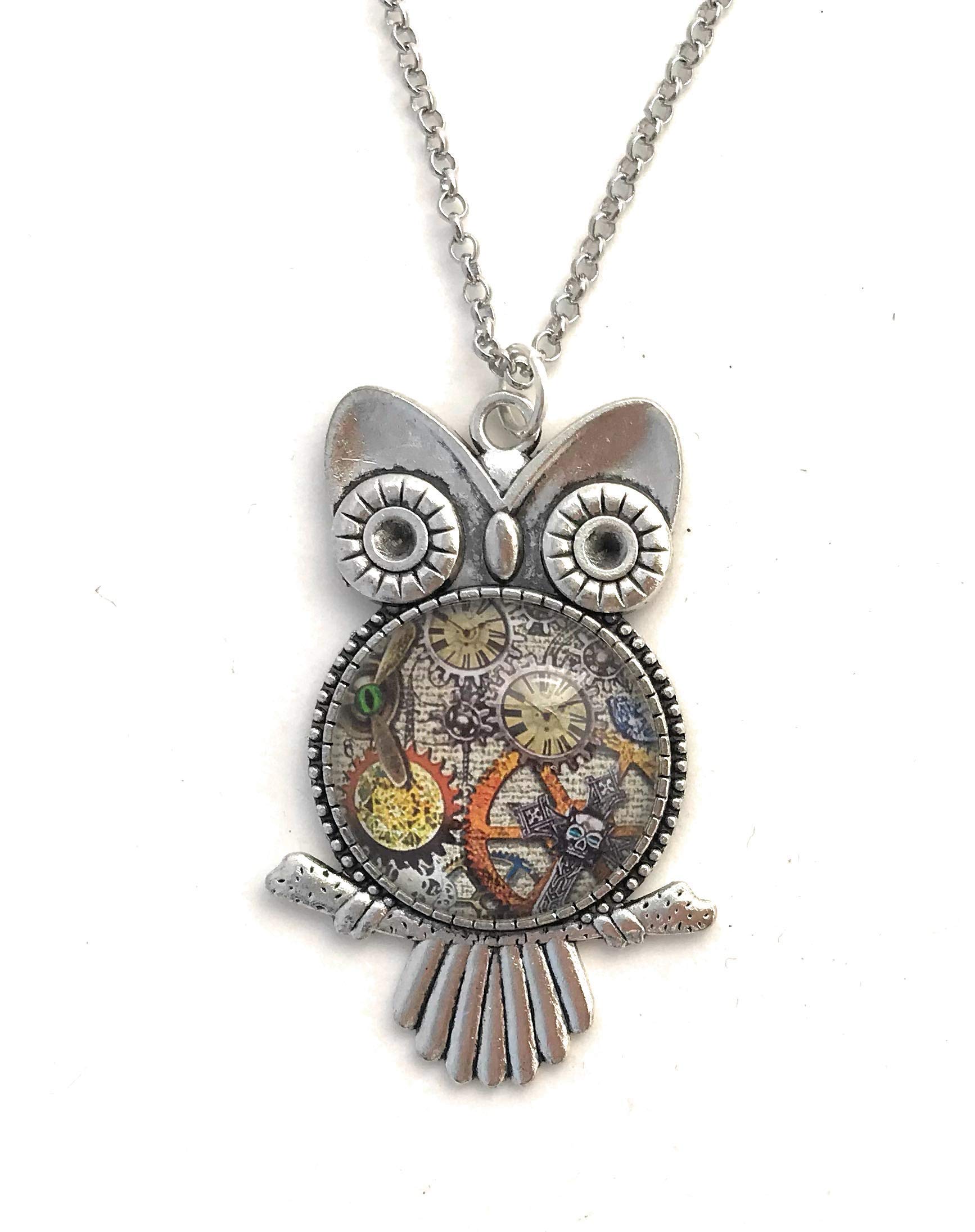 Steampunk Owl Necklace for Women - Glass Cabochon Pendant - Handmade