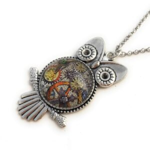 Steampunk Owl Necklace for Women - Glass Cabochon Pendant - Handmade