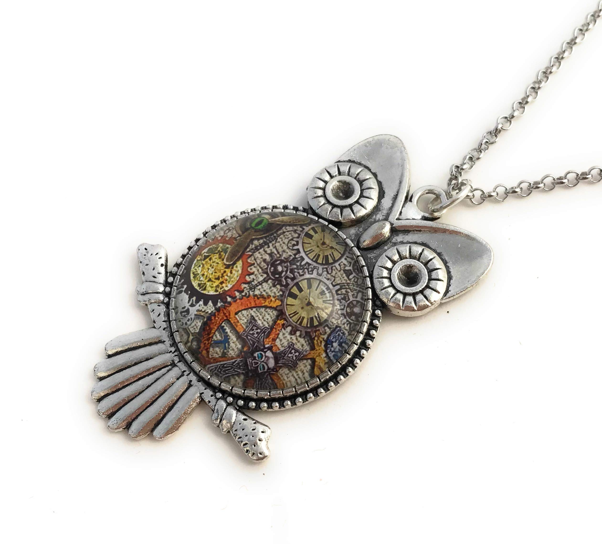 Steampunk Owl Necklace for Women - Glass Cabochon Pendant - Handmade